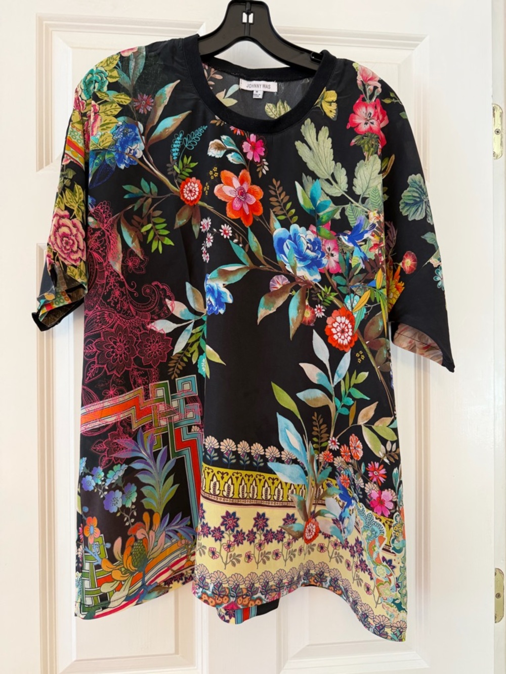 Johnny Was Black Floral Silk Tee with Multicolor Blooms